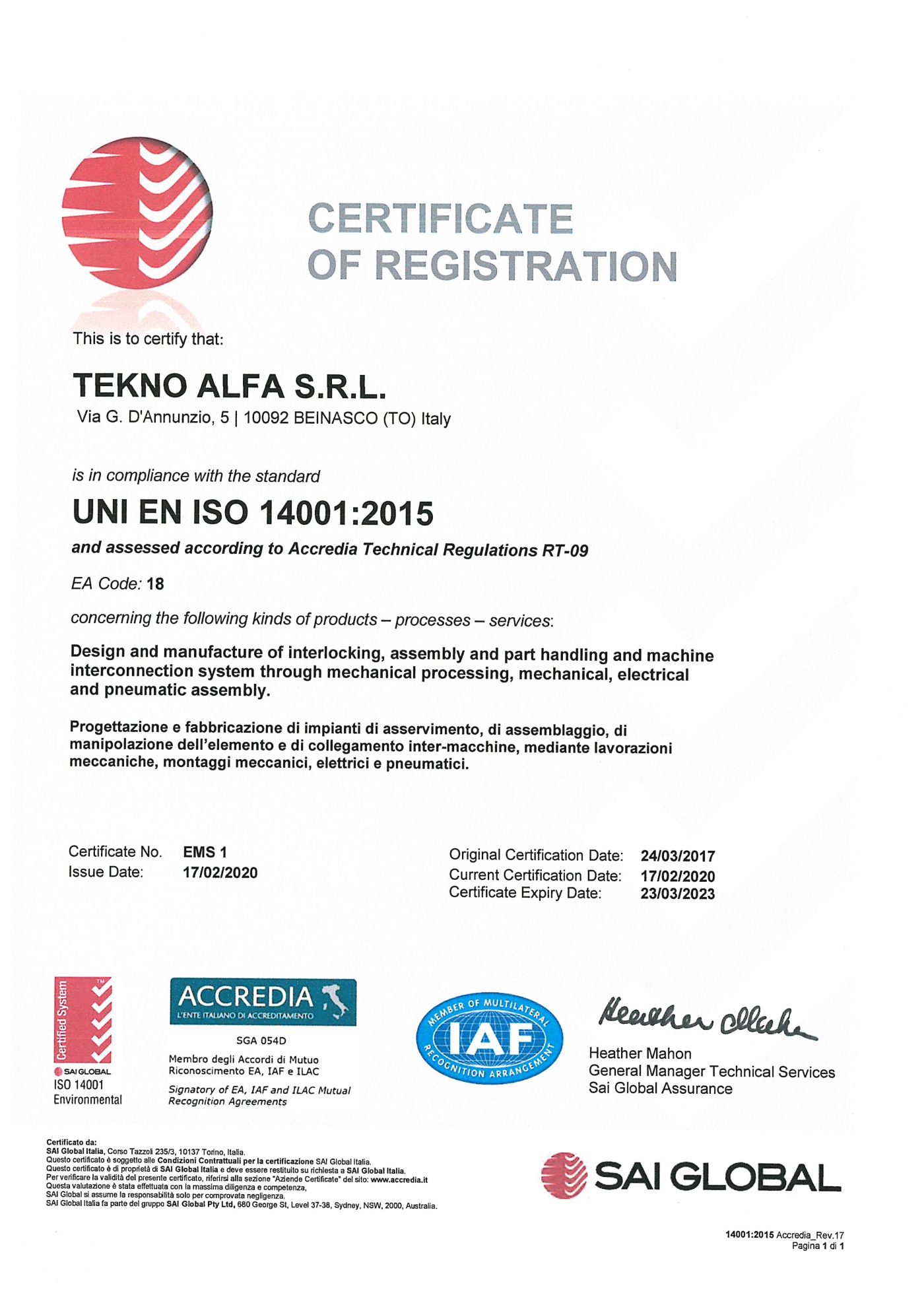 TEKNO ALFA_attestato UNI EN ISO 14001_2015_ACCREDIA_IAF_Sai global ...